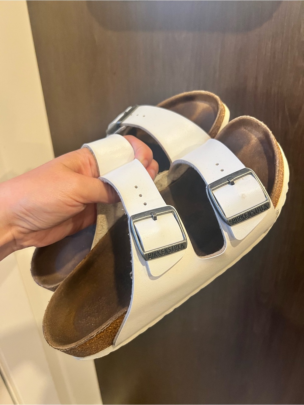 Birkenstock White Double-Buckle Slide Sandals with Silver Buckles - Picture 2 of 7